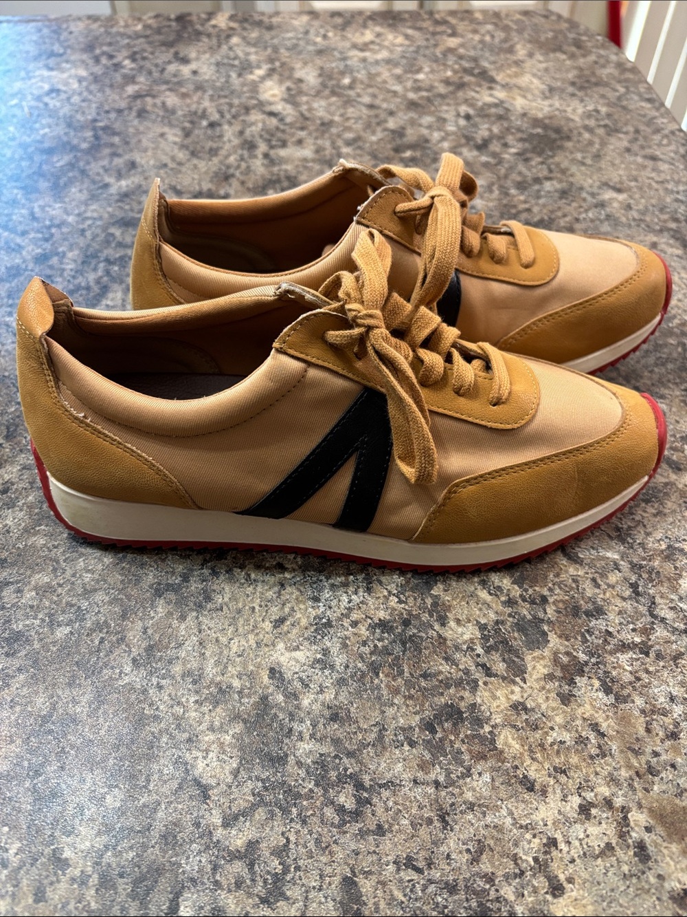 MIA Tan and Black Women's Athletic Sneakers with Red Sole